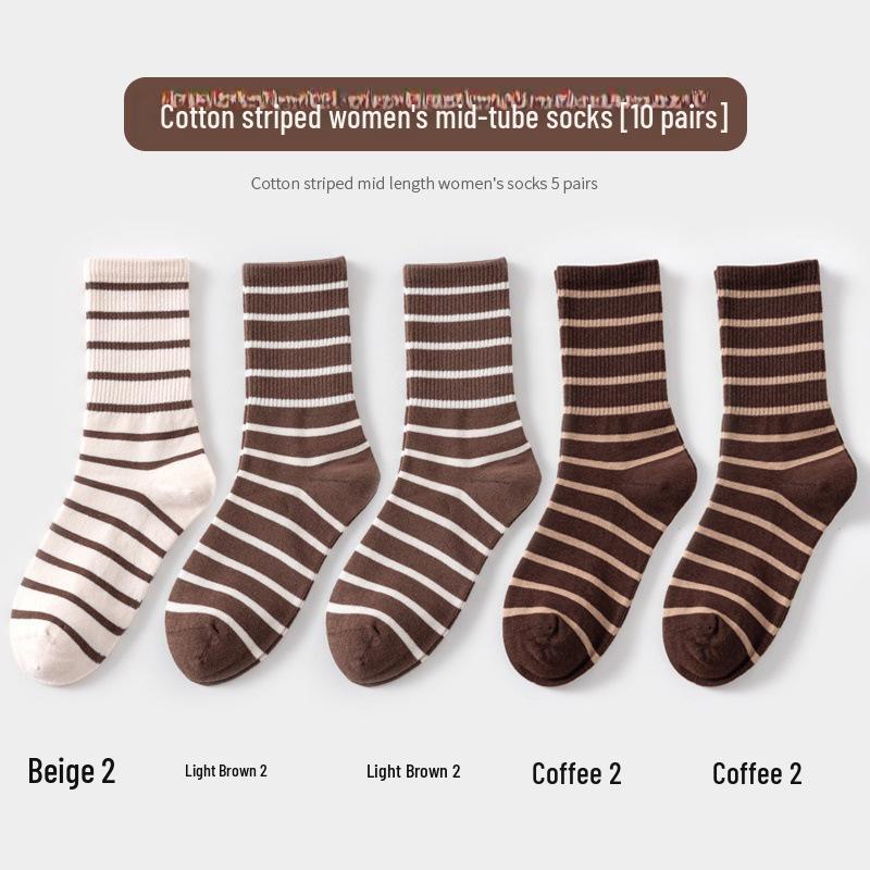 Maillard Women's Striped Mid-Calf Socks - Spring & Autumn Korean Style with Shark Pants