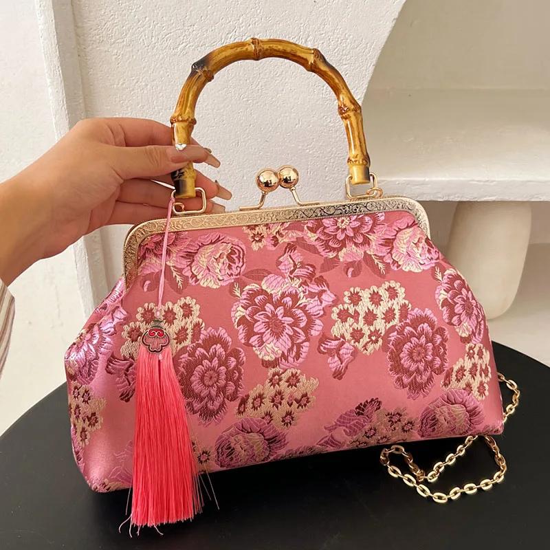 Vintage Crossbody Bags for Women Gray Tassel Lock Shell Clip Chain Handmade Pink Purses and Purses Designer Shoulder Bags