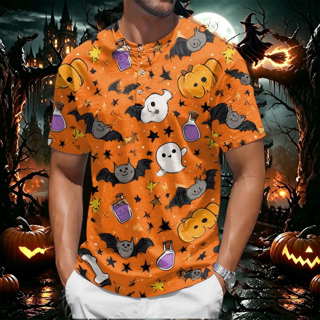 Men's Halloween Print Short Sleeve Henley Shirt Casual Button Up T-Shirt Lightweight Breathable Fabric for Everyday Wear
