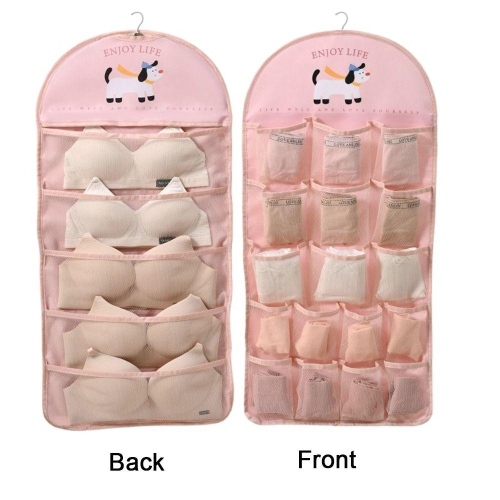 Wall Mounted Underwear Socks Storage Bag Double Sided Hanging Storage Bra Bag  Closet Pink-22 Grids