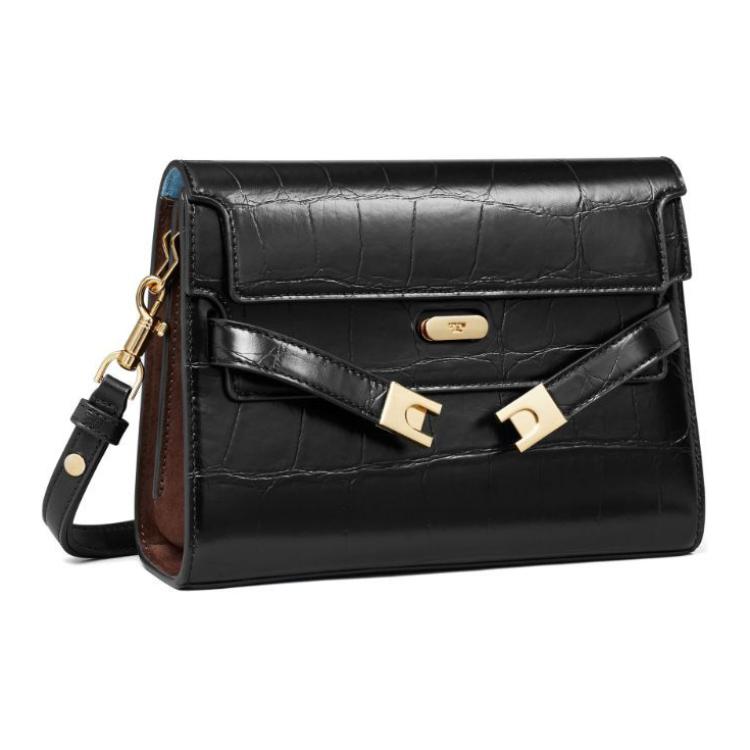 Tory Burch Lee Radziwill Logo Engraved Gold Hardware Leather Shoulder Crossbody Bag Women Bags Black 162247001