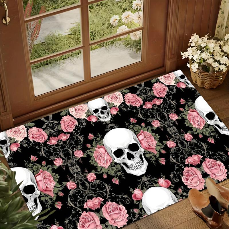 1pc Gothic Carpet of Purple Rose Carved Skull Non Slip Machine Washable Floor Mat Living Room Bedroom Entryway Game Room Rugs