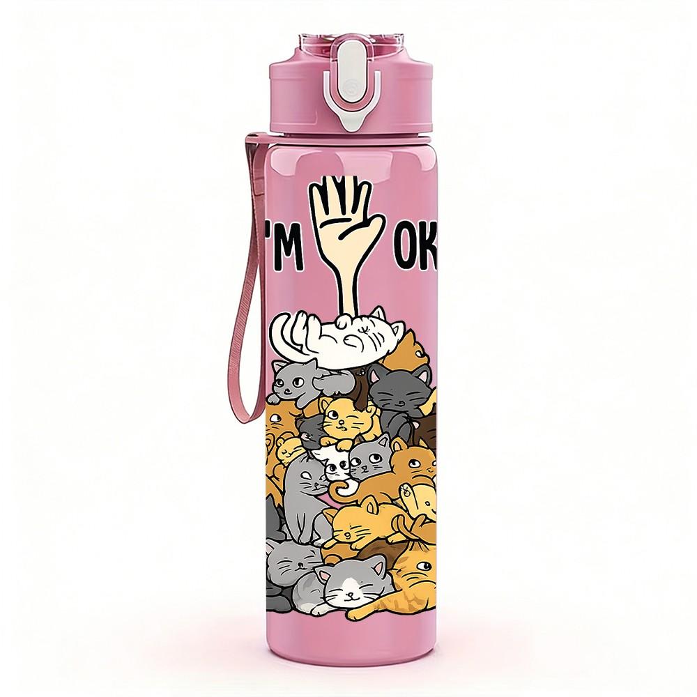 1PC I'm Ok Cat Stack Funny Print 750ml Color Plastic Sports Water Bottle Leakproof Flip Straw Lid Suitable for Sports Office Home Use