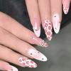 24PCS Pink Leopard Print Blush Almond Press On Nails Sweet Bowknot False Nails Simple French Fake Nails with Diamond Wearable