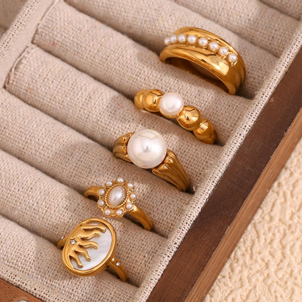 E.B.belle Elegant Imitation Pearl Series Rings 5 Style Stainless Steel Gold Plated Waterproof Hypoallergenic For Women