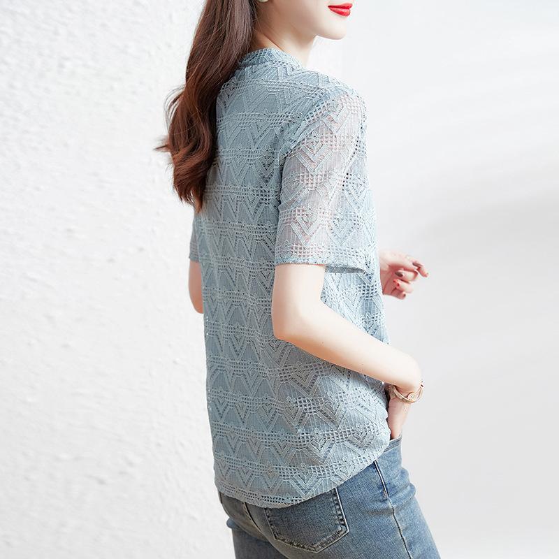 New Summer Lace Top for Women's Design Niche Chinese Style Shirt Light Blue Short-sleeved Shirt for Women