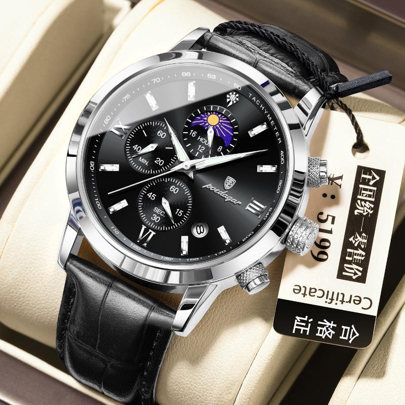 POEDAGAR/Pedagar Men s Watch Moon Phase Six-Hand Chronograph Belt Quartz Stone Watch