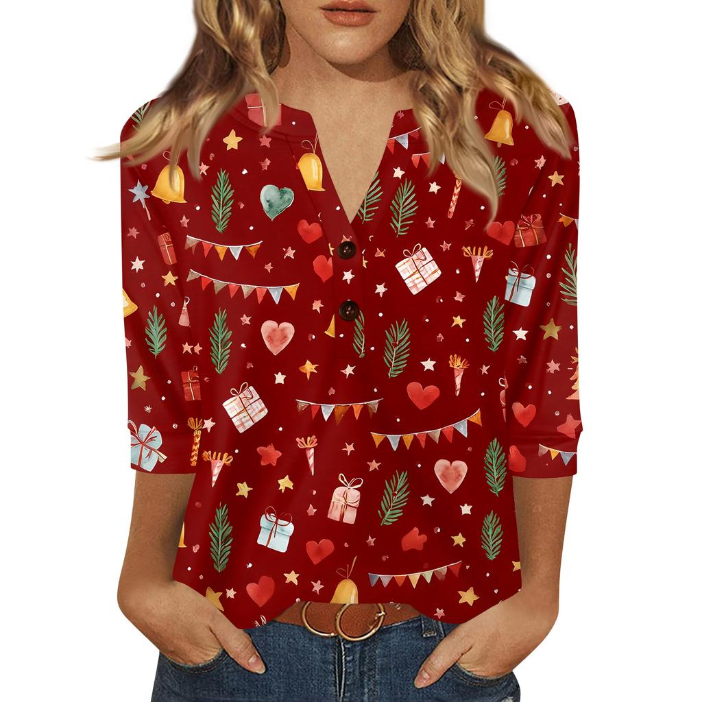 Women's T Shirt Christmas Print Button 3/4 Sleeve Daily Weekend Fashion Basic V- Neck Regular Top
