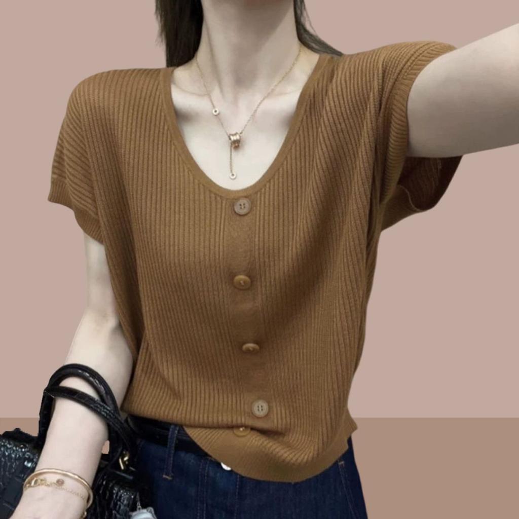 Summer Knitwear V-neck Short Sleeved T-shirt Women's Loose Women's Top