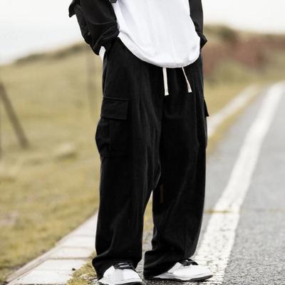 Men Pants Elastic Waist Adjustable Drawstring Long Pants with Flap Pockets Solid Color Loose Fit Corduroy Pants