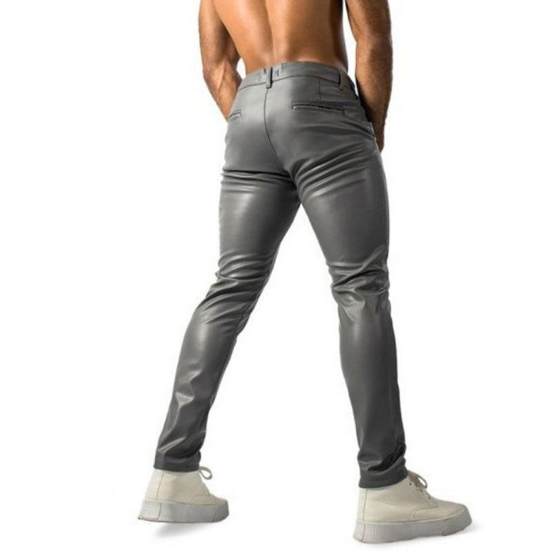 Pantaloni Lunghi Casual Skinny Elasticizzati Slim Fit in Ecopelle PU da Uomo