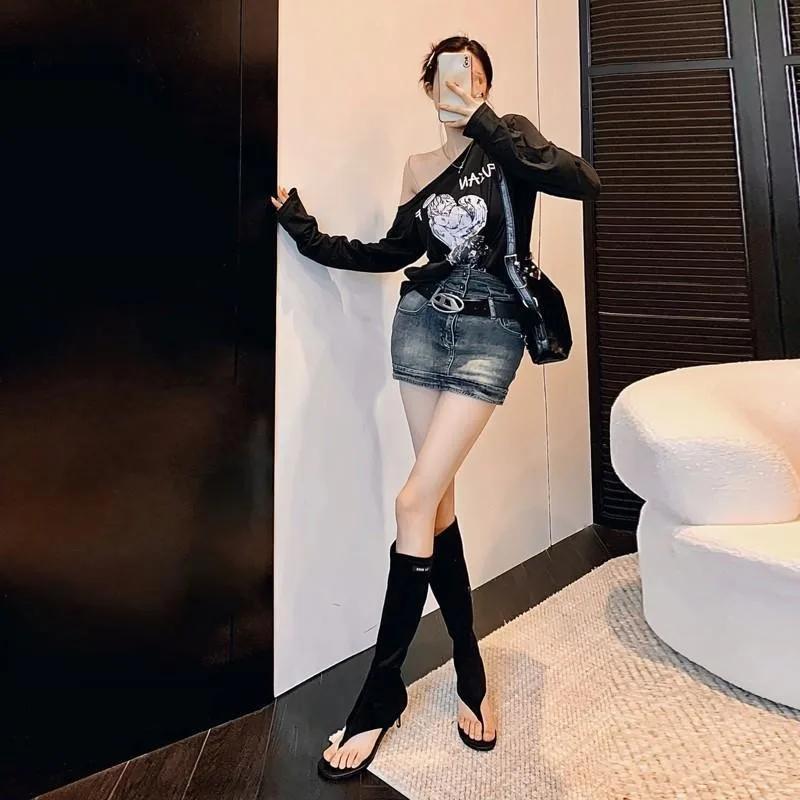 

Fashion 2025 Black Open Toe Clip-On Knee Boots Women s Modern Booties Thin Low Heel Side Zip Spring Summer Party Heels Sandals 35 чёрный