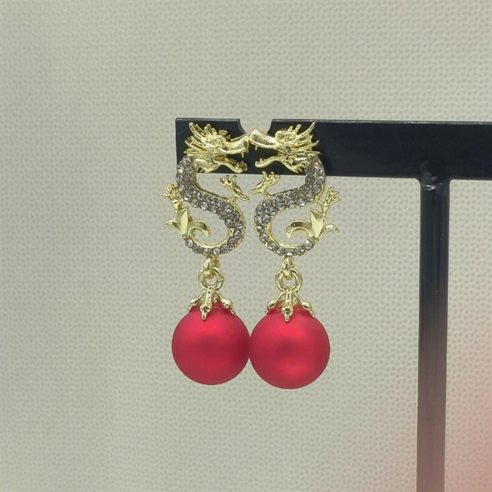 Red Dragon Dangle Earrings New Year Chinese Zodiac Earrings Dragon Hanging Bead Earrings  Women