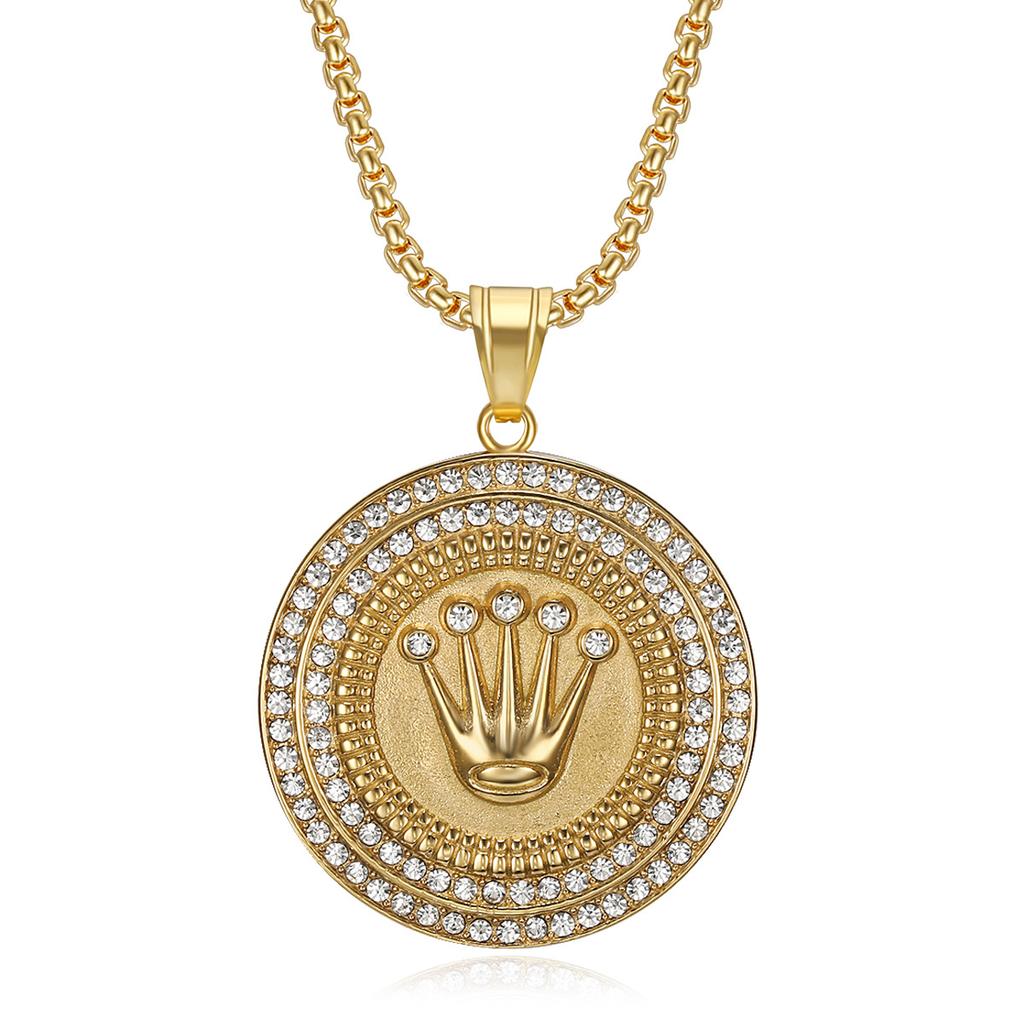 New Hip-Hop HIPHOP Jewelry Titanium Steel Gold-Plated Rhinestone Crown Three-Plant Pendant Necklace