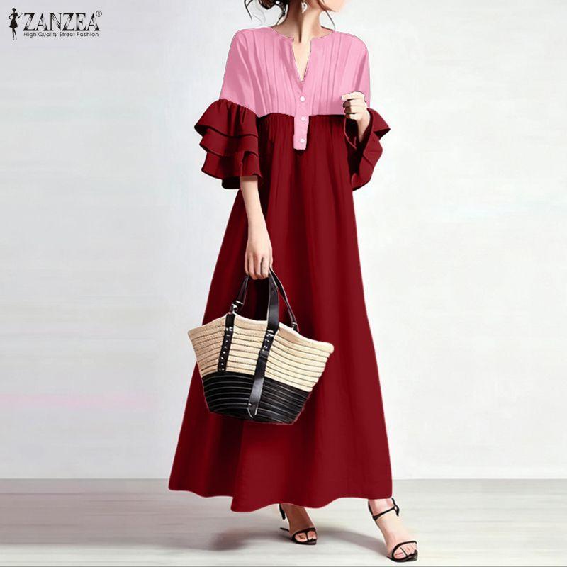 ZANZEA Women Casual V-neck Ruffles 3/4 Sleeve Loose Long Dress