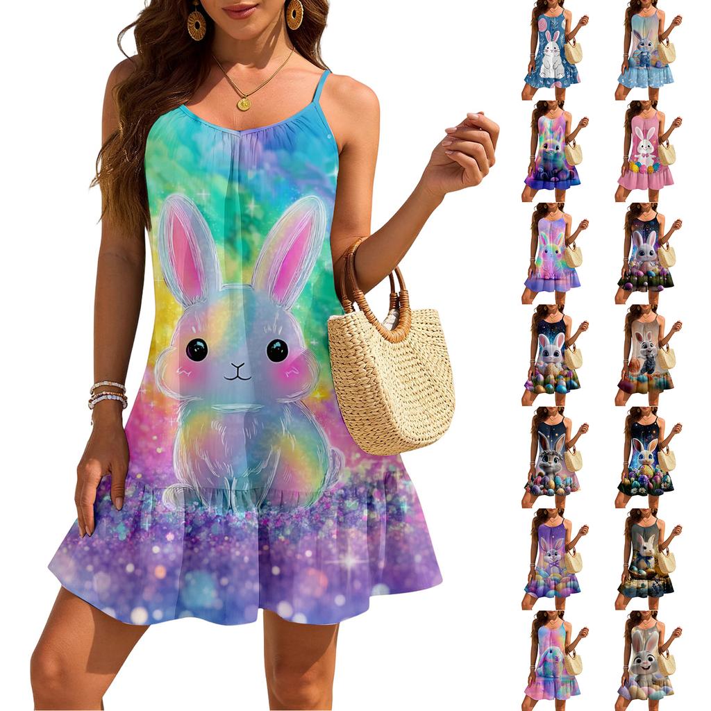 Robe décontractée élégante sans manches à bretelles ample pour femme avec imprimé plage et Pâques