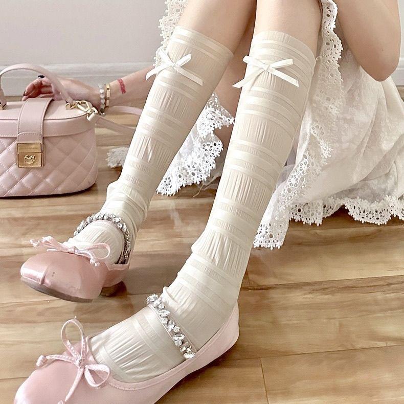 Ice Silk Calf Socks for Women | Summer Sweet Bowknot Slouch Socks - Thin White Lace Ballet-Style Knee-High
