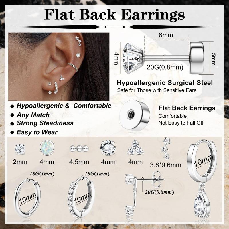 10 Pairs Hypoallergenic Flat Back Earrings for Women 18K Gold 20G Surgical Stainless Steel Cartilage Multiple Piercing Earrings
