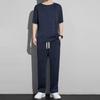 2Pcs/Kit Men Summer Leisure Outfit O-neck Short Sleeve T-shirt Elastic Drawstring Waist Wide Leg Long Pants Kit One Tone Casua
