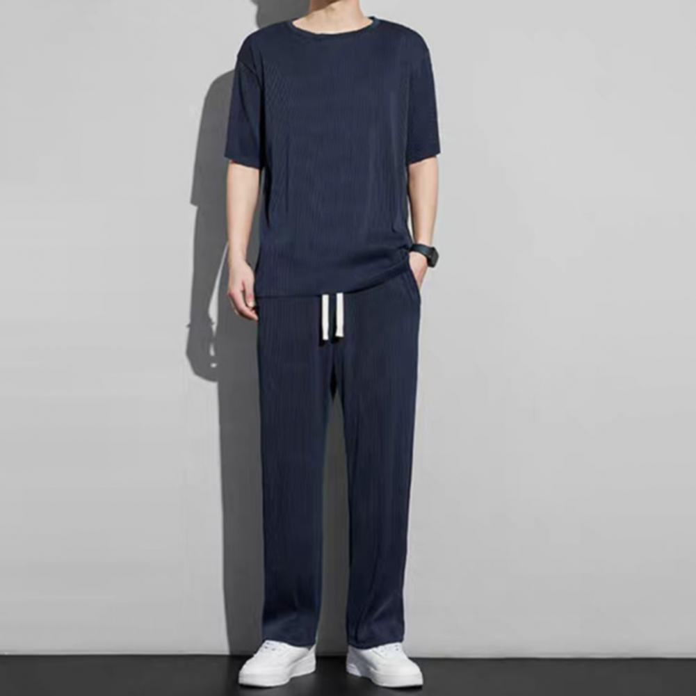 2Pcs/Kit Men Summer Leisure Outfit O-neck Short Sleeve T-shirt Elastic Drawstring Waist Wide Leg Long Pants Kit One Tone Casua