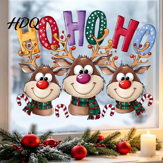 Removable Elk Decorations Christmas Static Cling Window Stickers Cartoon Reindeer HOHOHO Art Glass Decals Xmas Party Supplies Festive Holiday Decor