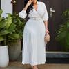 Women Elegant High Waist Turn Down Collar Long Sleeve Solid Pleated A Line Midi Dress