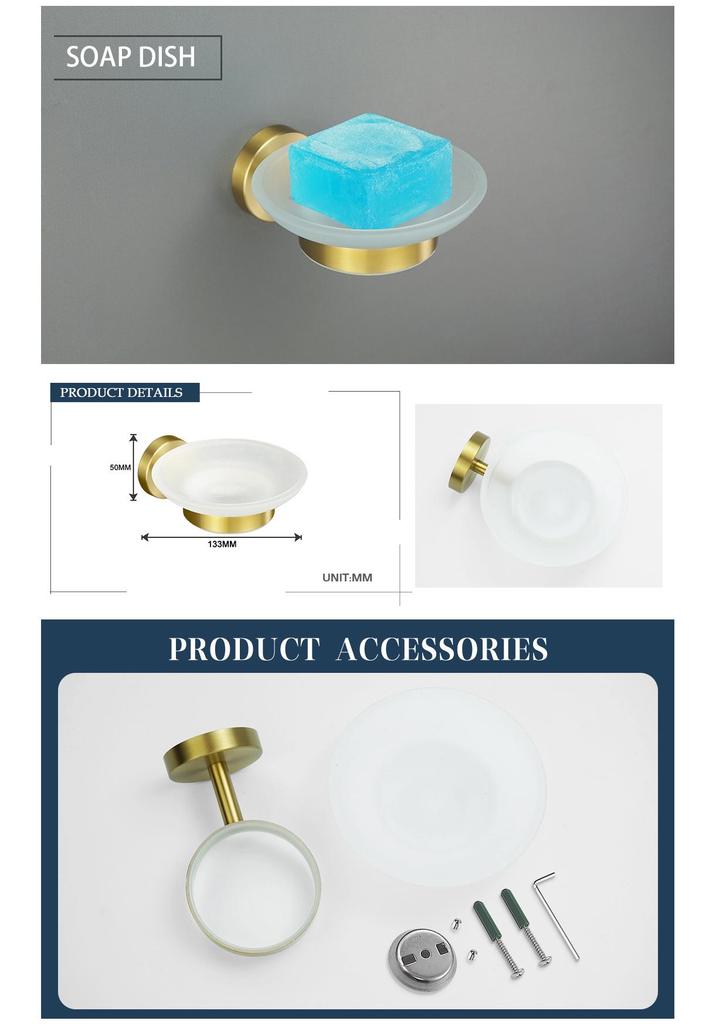 Luxury Brushed Gold Bathroom Accessory Set: Towel Rack, Bar, Paper Holder, Hook, Soap Dispenser.