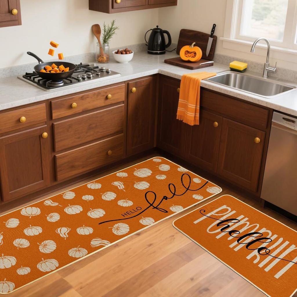 Thanksgiving Kitchen Mat Autumn Pumpkin Oil-Absorbing Dirt-Resistant Non-Slip Floor Mat Porch Easy To Take Care Of Foot Mat