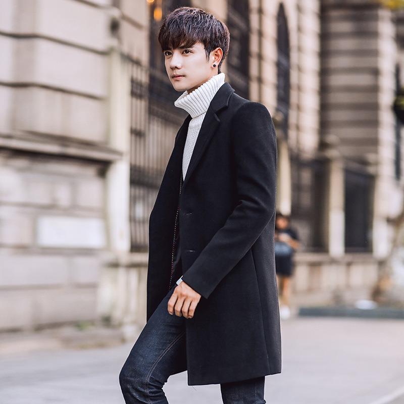 Men S Korean Style Slim Fit Solid Stand Collar Single Breasted Casual Woolen Overcoat