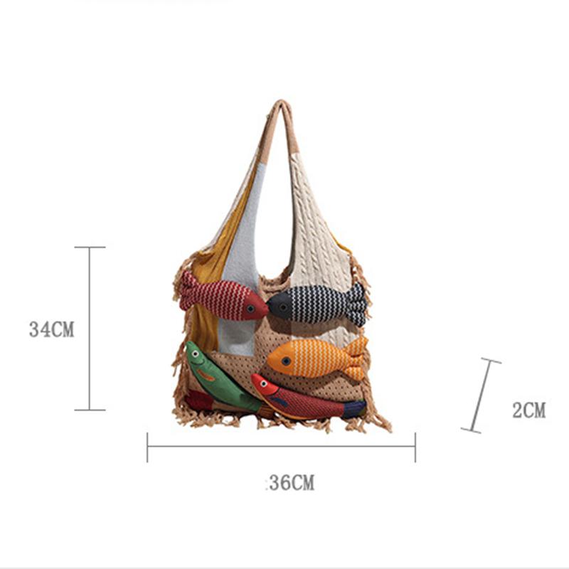 Yogodlns Fashion Creative Woven Shoulder Bag Handmade Fish Handbag Large Capacity Beach Bag Color Matching Ladies Underarm Bag