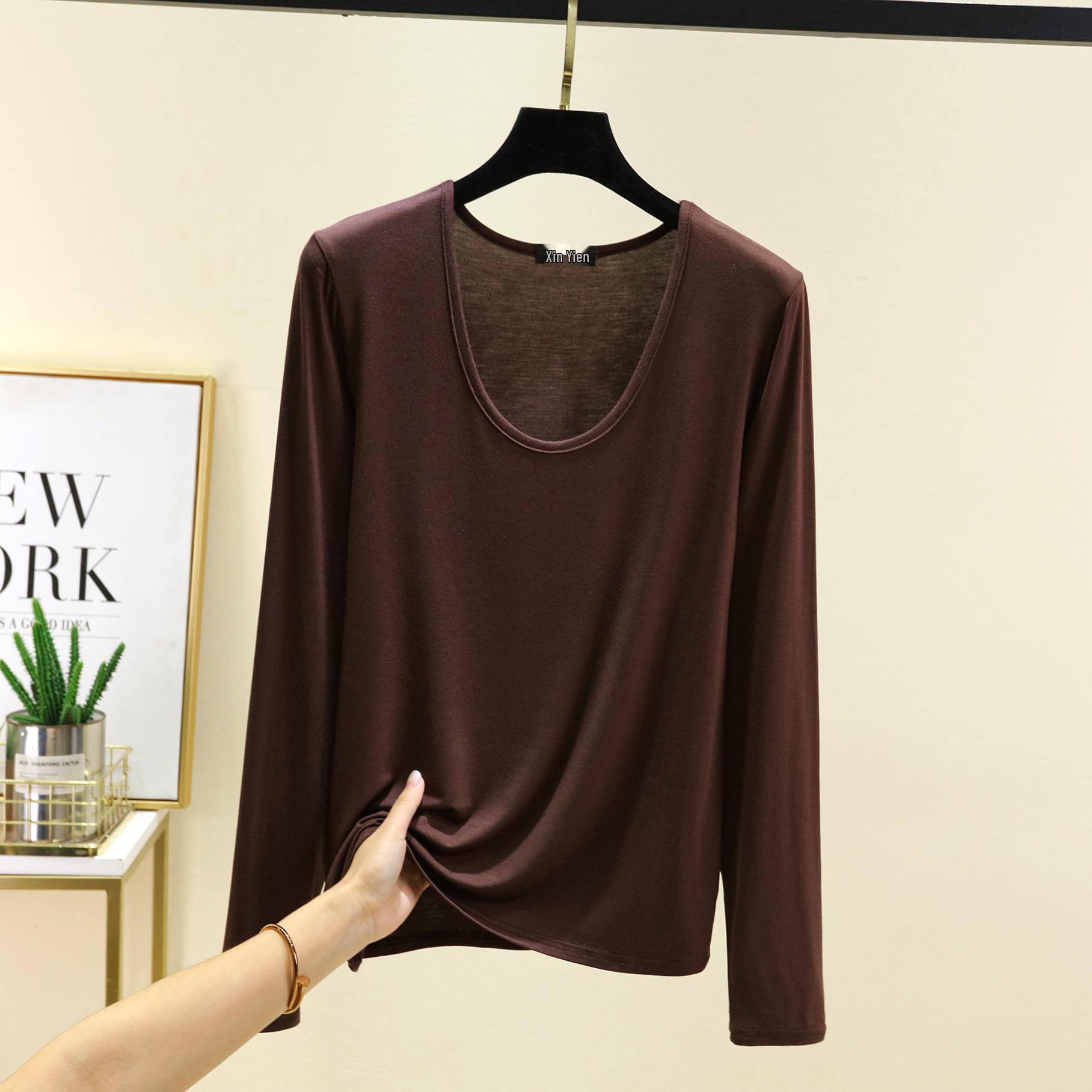 

Модальная футболка с овальным вырезом, длинным рукавом и приталенного кроя - Женский стильный топ на весну/осень XXL кофейный