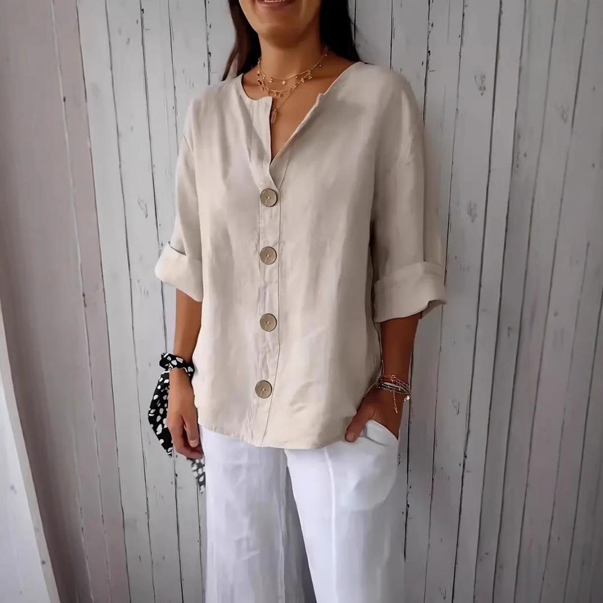 

Летняя новая свободная футболка женская с V-образным вырезом из хлопка и пеньки на пуговицах L