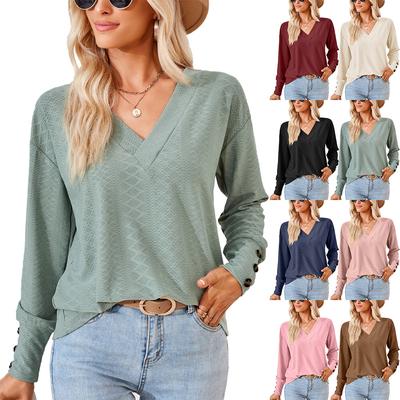 2024 European And American Autumn/Winter New Solid Color V-Neck Jacquard Button Loose T-Shirt Top For Women