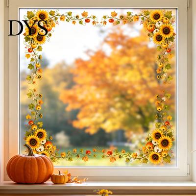 Non Adhesive Window Decals Harvest Festival Static Glass Sticker, Autumn Clings with Maple Leaves Sunflowers And Leaf Stickers Berries Prints,