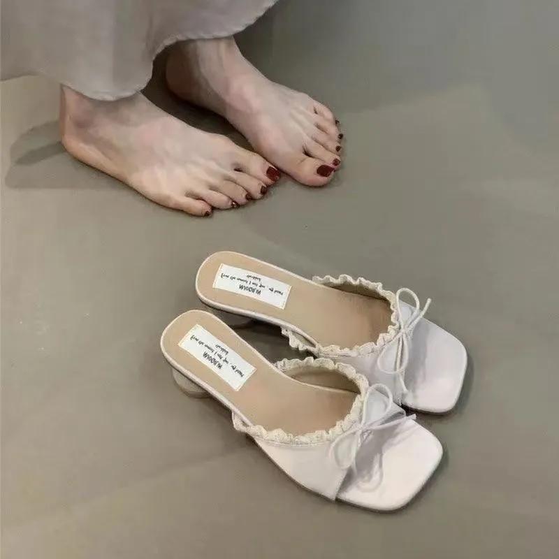 

Летние женские тапочки с кружевом и бабочкой, повседневные, на толстом низком каблуке, в уличном стиле 36RU/CN37 абрикосовый