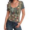 Women Slim Fit Square Neck Vintage Floral Print Short Sleeve Top Stretchy Ribbed Knit Fabric Casual Summer Shirt
