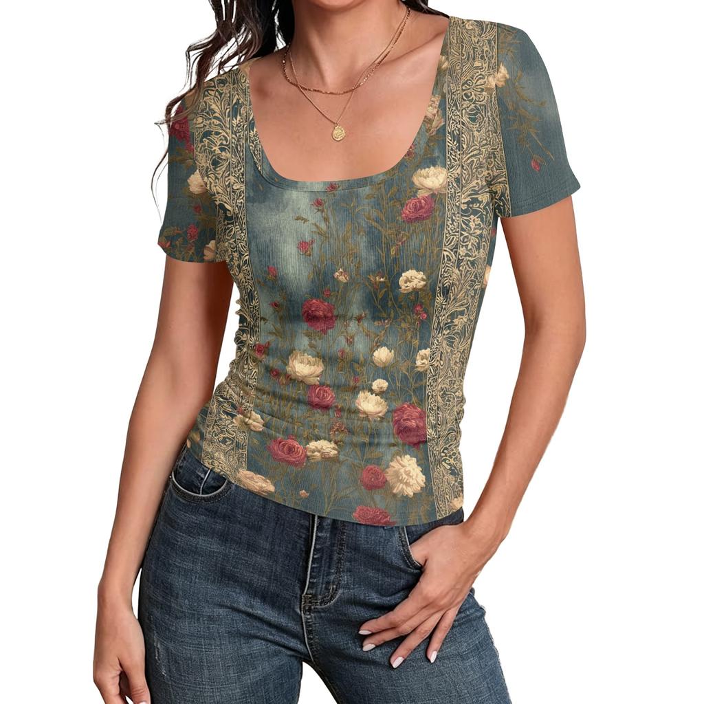 Women Slim Fit Square Neck Vintage Floral Print Short Sleeve Top Stretchy Ribbed Knit Fabric Casual Summer Shirt