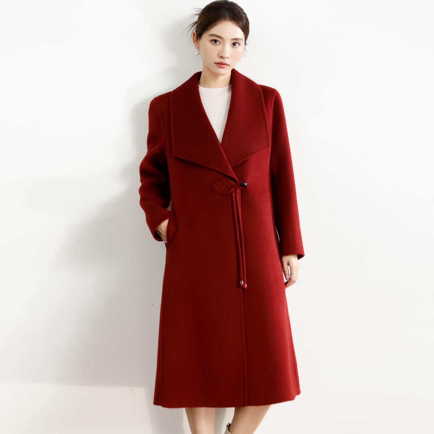 

Женское красное двустороннее кашемировое пальто средней длины - Элегантный свадебный стиль для осени/зимы для женщин среднего возраста M (suggested 43kg-50kg)