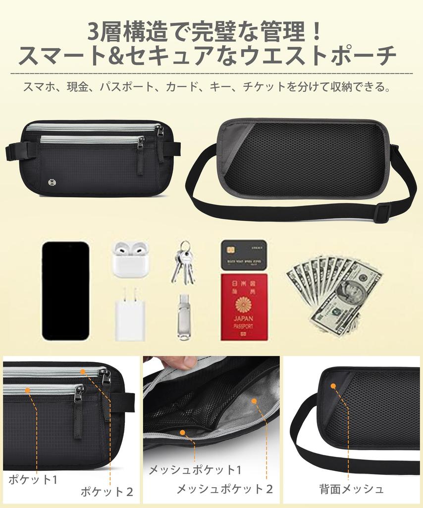 MOWO Security Waist Pouch RFID Skimming Prevention Large Capacity Passport Waist Convenient Free Pouch, Anti-Pickpocket Pouch, Anti-Skimming [Maximum