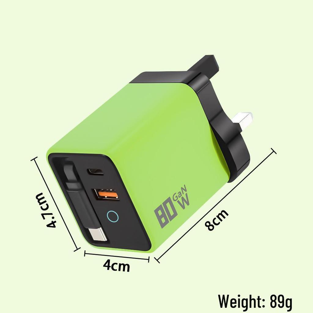 Dual Port Foldable GaN Charger with Retractable Cable for Fast Charging Apple, Huawei, Xiaomi Devices