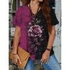 Summer V-neck Flower Pattern 3D Printed Top Fashionable Casual Short Sleeved Plus Size Women's T-shirts