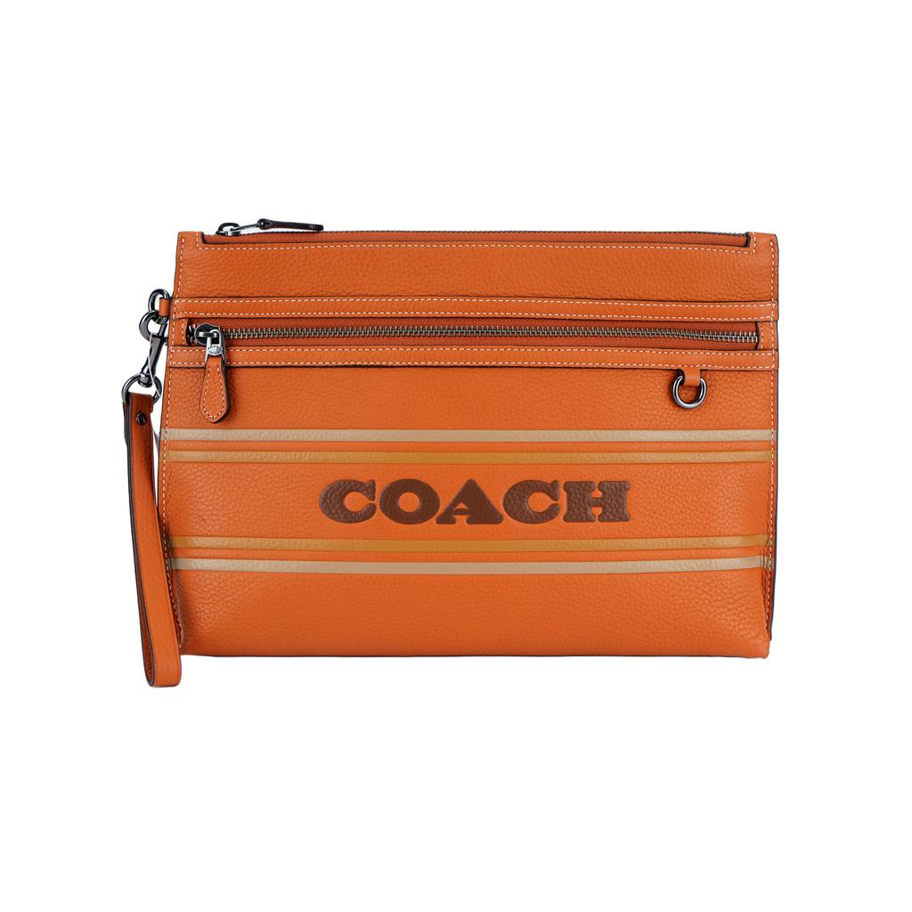 Coach Carry Pouch 29 Embossed Logo Zipper Closure Striped Pebble Leather Storage Clutch Large Women Clutch Brown CH069-QBNP6