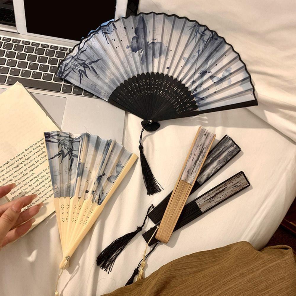Chinese Style Silk Folding Fan Bamboo Frame Elegant Retro Handheld Fan Classical with Tassel Decorative Hand Fan Girl Gift