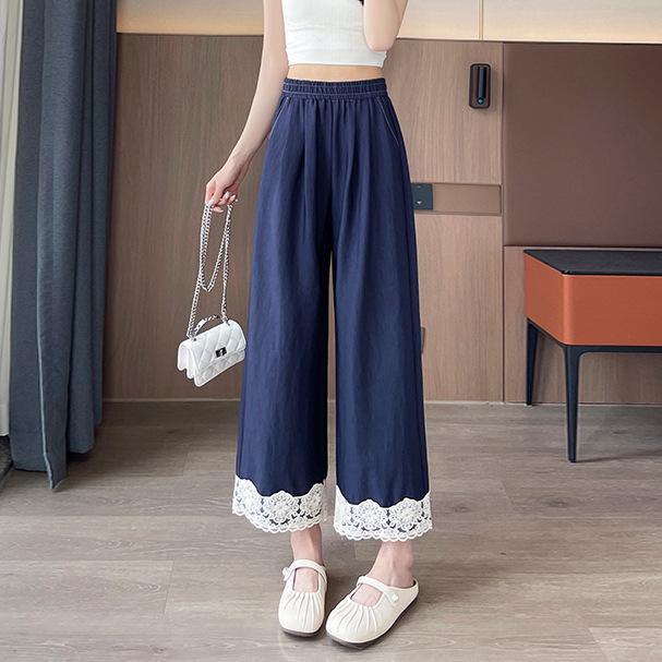 Women's Japanese High Waist Black Lace Trim Patchwork Cotton Wide Leg Cropped Pants - Spring/Summer Casual Loose Fit.