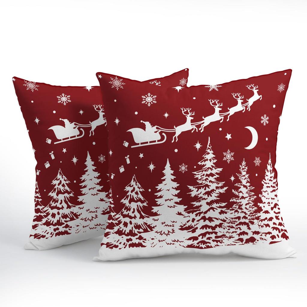 Christmas-Themed Pillow Covers 20×20 inches in Red and White—Featuring Christmas Trees Santa Claus Reindeer and Snowflakes—Decorative Sofa