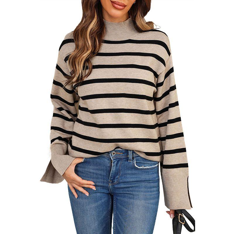 

2024 Fall and Winter New Arrival Stripes Design Turtleneck Sweater Women European and American Leisure Loose Cuff Slits Pullover Women Khaki L code fits (62.50 kg-70.00 kg