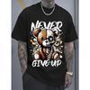 European Sizes MenS Never Give Up Motivational Half Bear Half Skeleton Graphic T-Shirt - Streetwear Loose Fit Casual Tee with Umbrella Hem