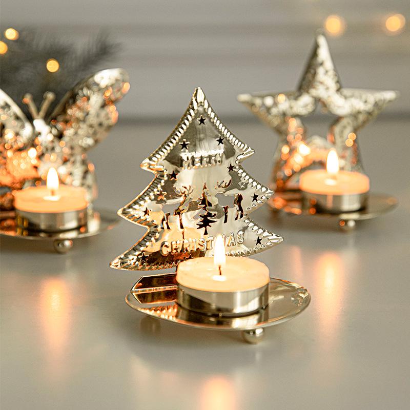 Gold Iron Art Christmas Candle Holder Ornament Lantern Tray