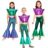 Kids Mermaid Halloween Costume Sparkly Rhinestone Crop Top and Fish Scale Print Elastic Waist Ruffle Pants for Dress Up Party