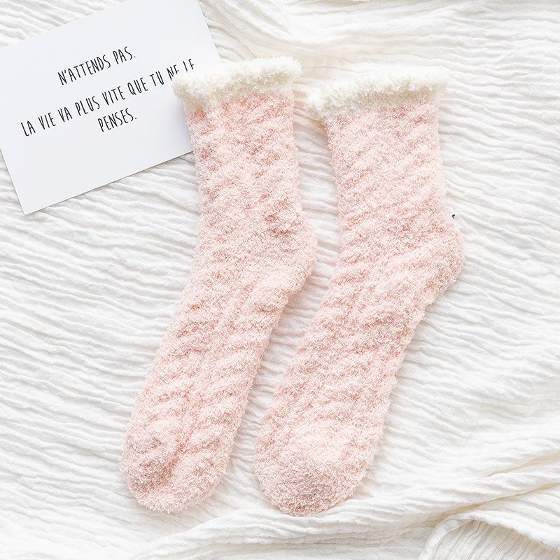 

Женские носки из кораллового флиса до середины икры, шерстяные, для осени и зимы - Уютная кабельная вязка, домашние носки и носки для сна One Size розовый